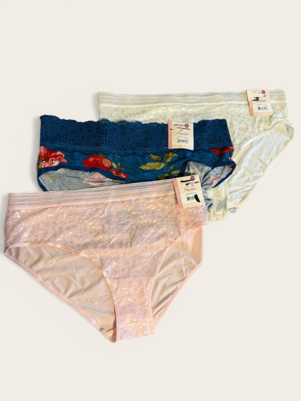 Secret Treasures Three-Pack Lace Hipster Set - Pink, Blue Floral & Cream